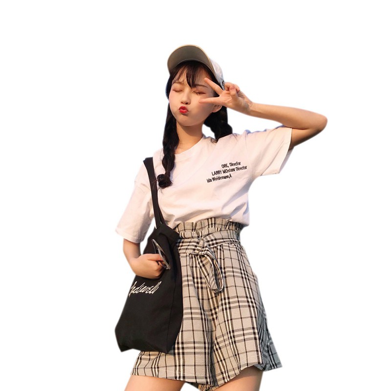 Set áo thun ngắn tay in chữ + quần dài ống rộng kẻ sọc caro thời trang nữ