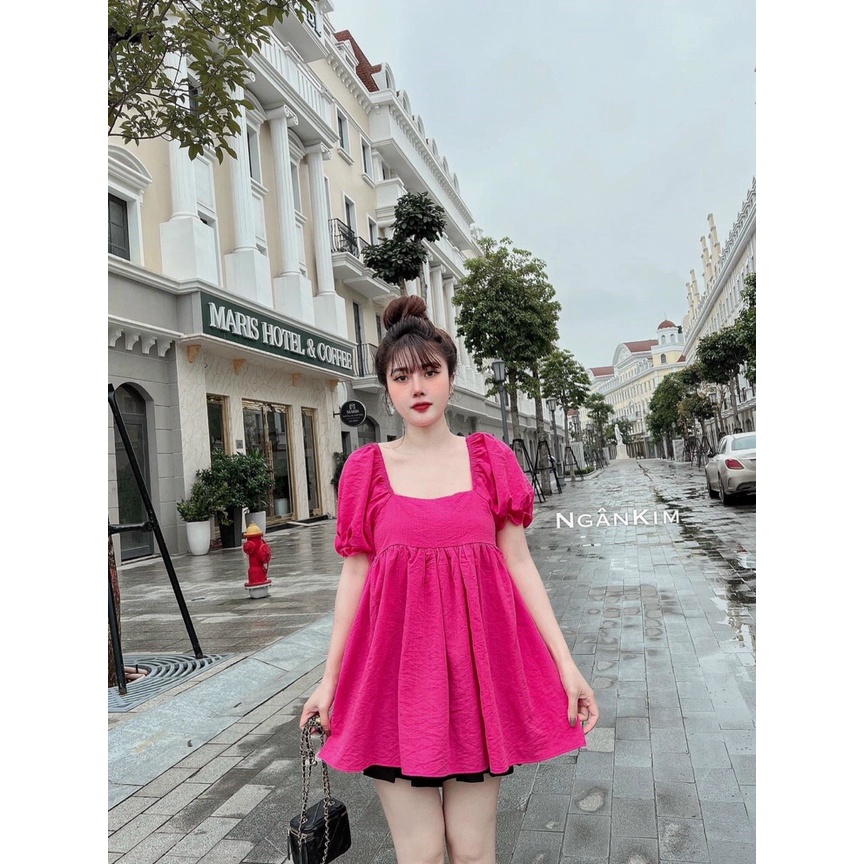 Set bộ đũi tiểu thư,set áo babydoll hồng tay phồng quần short đen,bộ bánh bèo tay búp xoè đi chơi đi biển siêu dễ thương