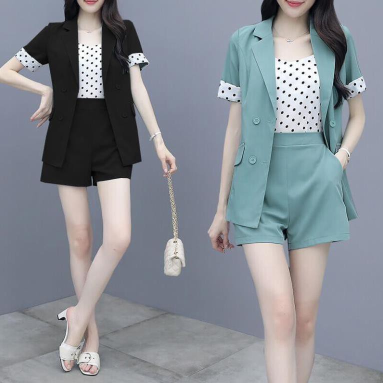 Bộ Vest Short 3 Món Phối Bi Cao Cấp - Set Vest Đùi Cotton Kèm Áo Lụa Chấm Bi Sang Trọng Cho Nàng Năng Động Sang Trọng | BigBuy360 - bigbuy360.vn