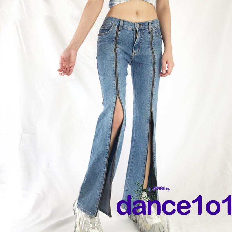 Quần denim lưng vừa viền kim loại có khóa kéo thời trang cho nữ