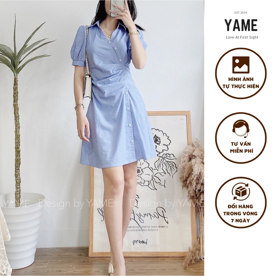 Váy đầm dáng sơ mi ngắn tay cách điệu eo màu xanh dương lịch sự, nhã nhặn YAME - ẢNH THẬT