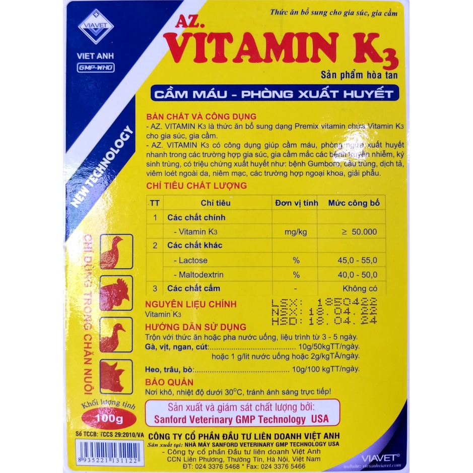 Cầm máu, phòng xuất huyết VITAMIN K3 . Vitamin K dạng hòa tan dùng trọng Cầu Trùng, Gumboro, Dịch Tả, Viêm ...