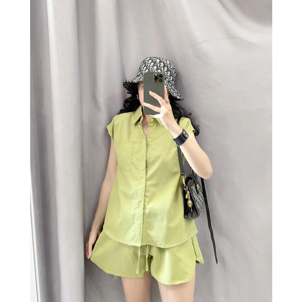 Set đồ nữ trẻ trung năng động S.090, Set áo sơ mi cách điệu cổ đức tay hến kèm quần đùi cạp chun cực xinh - Shop Chấm Bi