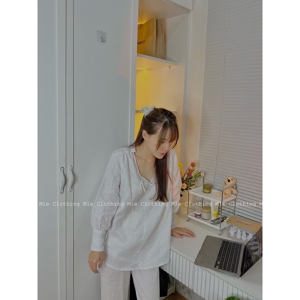 MIE MIN Áo Sơ Mi Linen cổ V