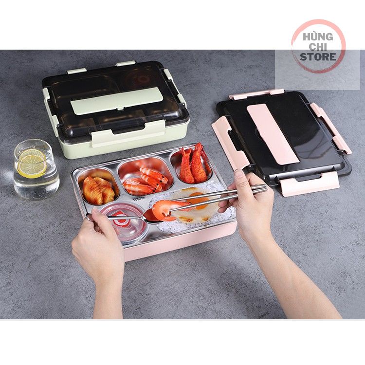 Hộp Cơm Văn Phòng Khay Inox Cao Cấp 5 Ngăn Giữ Nhiệt, Có Bát Để Canh, Giá Đỡ Điện Thoại