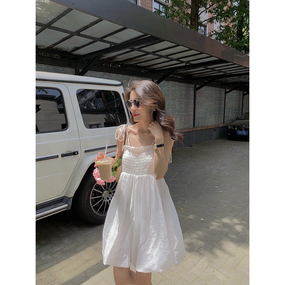 Đầm 2 Dây Nữ Chun Ngực Viền Bèo 🦋 Váy Nữ Hở Vai Chất Đũi Dáng Lỡ 2 Màu 🦋