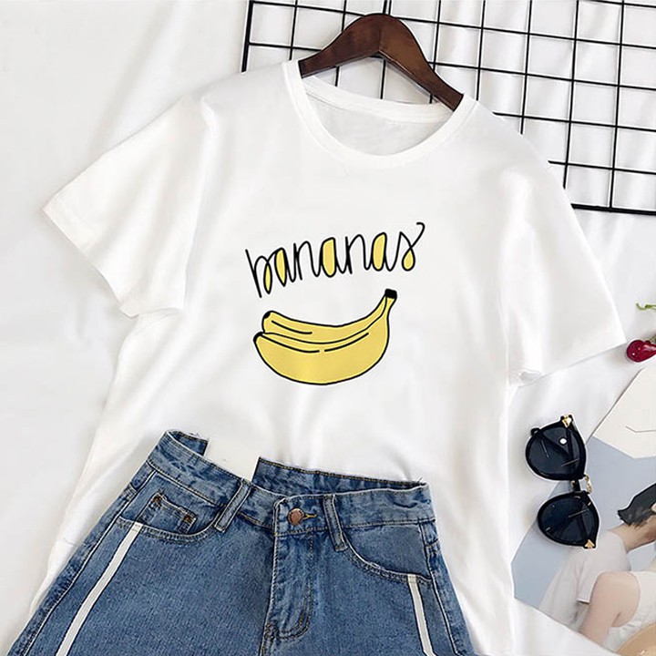 Áo Thun Tay Ngắn Màu Trắng In Hình Trái Chuối Bananas DLX