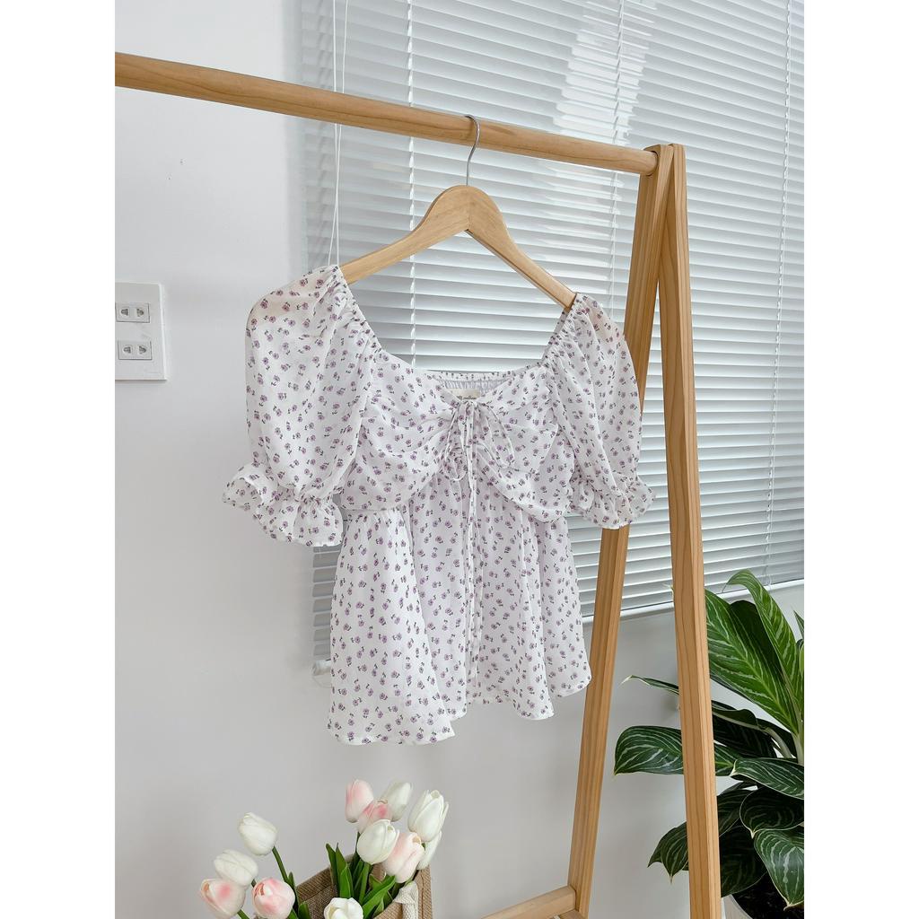 Áo Babydoll Trễ Vai Tay Phồng Hoa Nhí Tím A05