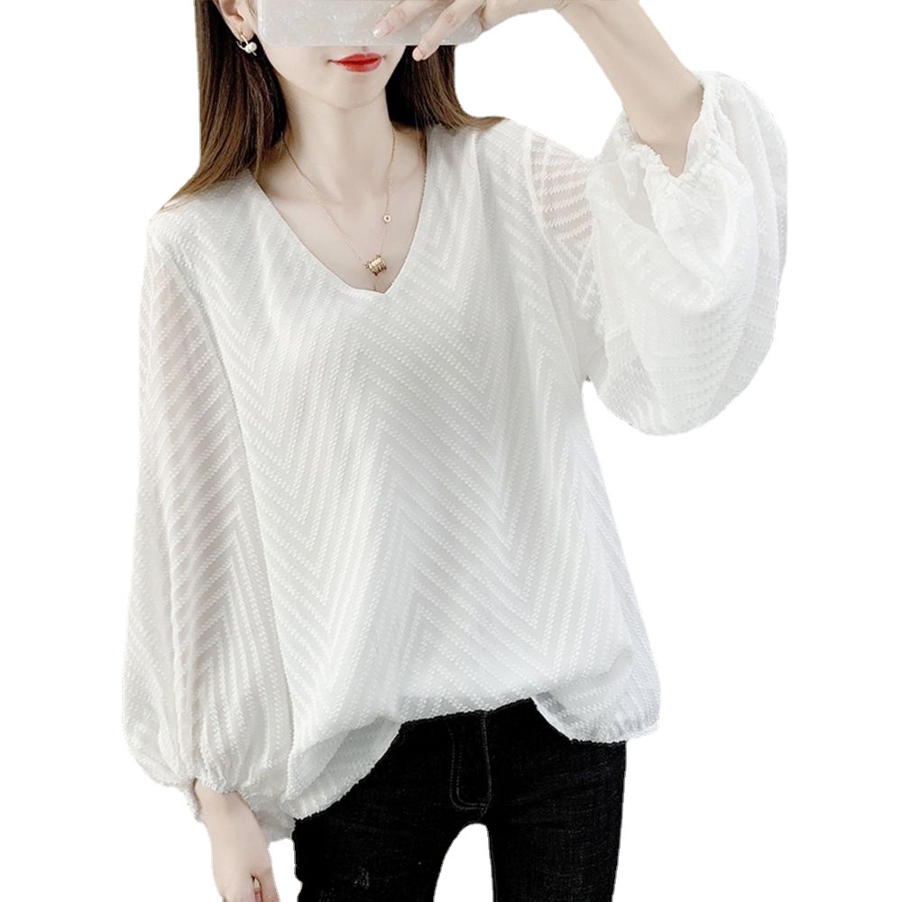 Áo sơ mi voan tay dài cổ chữ V dáng rộng thời trang phong cách Hàn Quốc cho nữ size M-4XL
