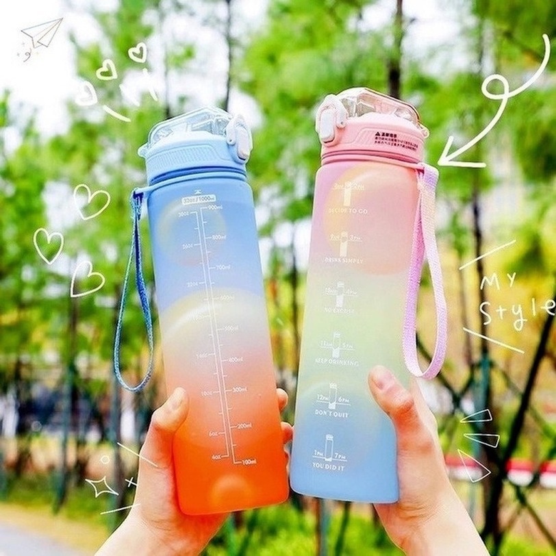 [ tặng Sticker] 1000ML Bình Đựng Nước Dễ Thương Có Vạch Báo Giờ Uống Nước bình nước cute có ống hút bình uống nước có tay cầm