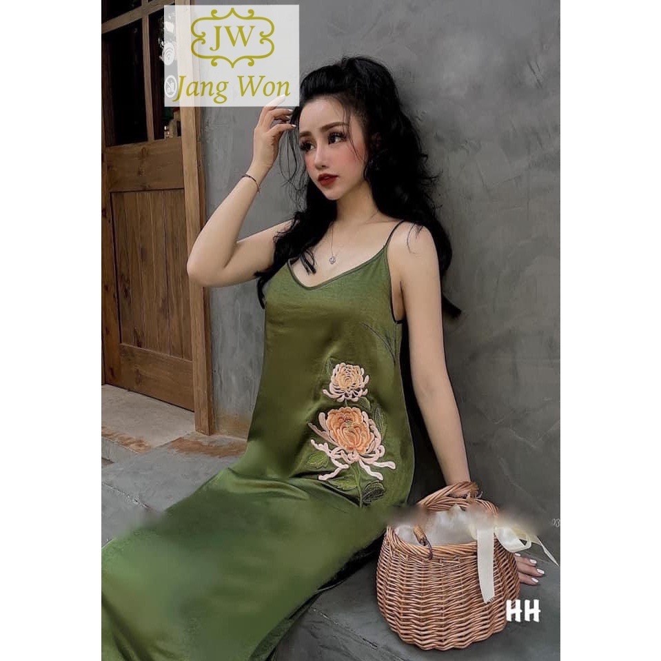 Váy lụa 2 dây_Đầm lụa 2 dây dáng dài suông họa tiết hoa freesize