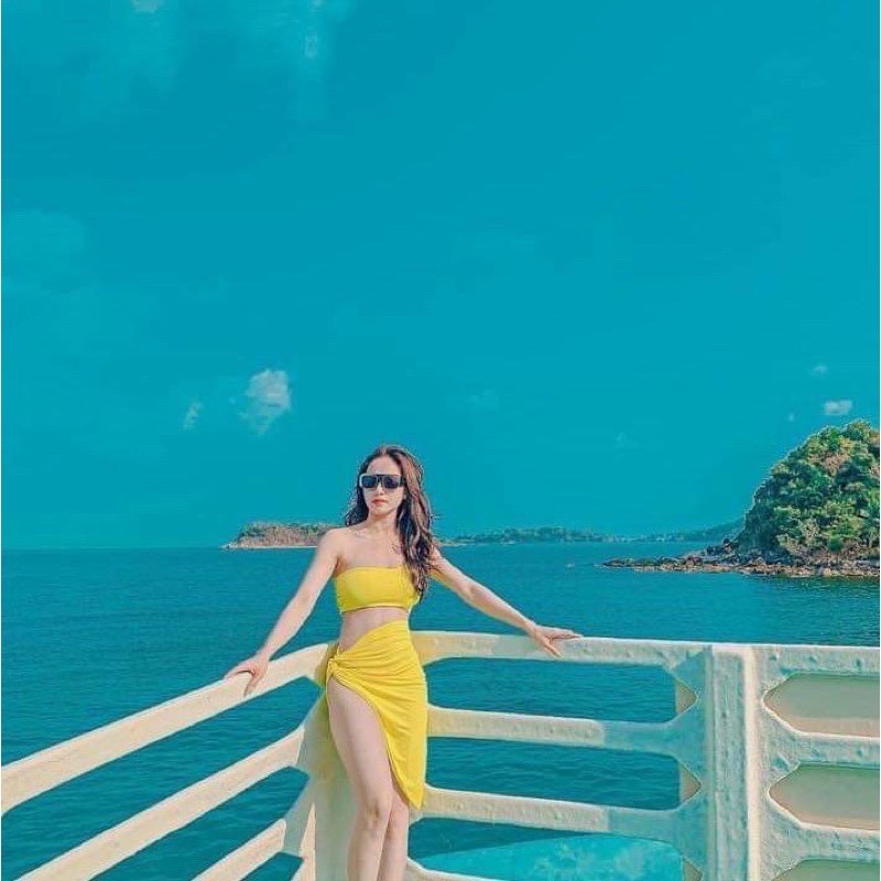 Set Bikini 3 Món Lệch Vai Váy Xoắn Eo, Bộ Đồ Bơi 2 Mảnh Kèm Váy Chéo Nhiều Màu [Ảnh Chụp Thật] - OS092