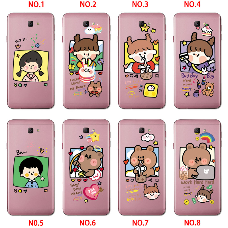 Samsung Galaxy A7 A5 A3 2017/A720 A520 A320 A6S A8S A9 A8 Star INS Cute Cartoon Work hard Brown bear Clear Soft Silicone TPU Phone Casing Lovely label Graffiti Case Back Cover Couple