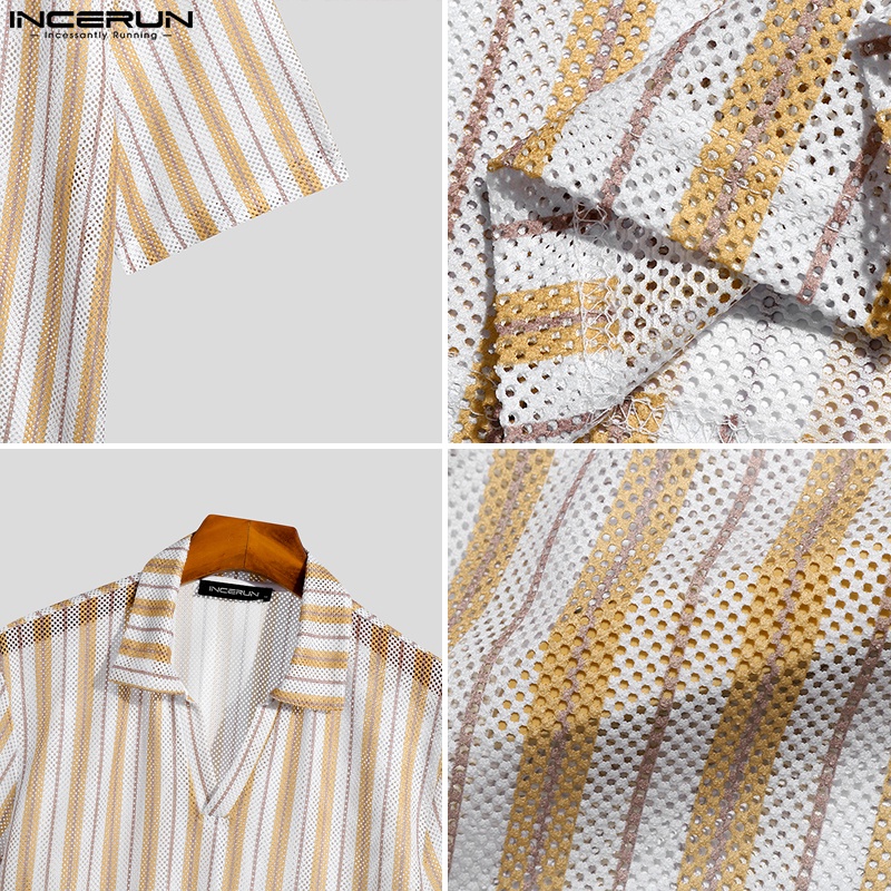 Áo thun polo INCERUN tay ngắn họa tiết kẻ sọc nhiều màu sắc thời trang mùa hè cho nam