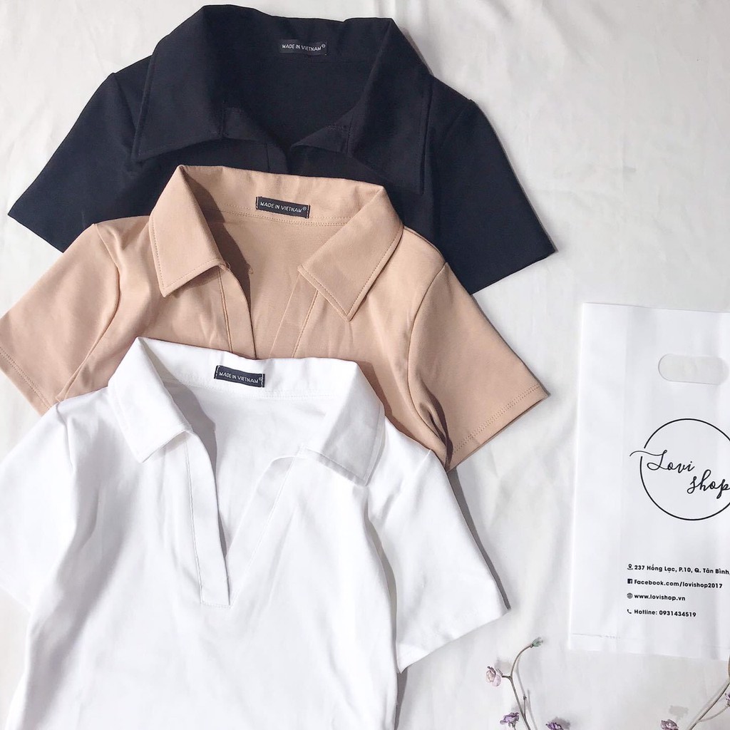 Áo thun croptop cổ bẻ tay ngắn Lovi