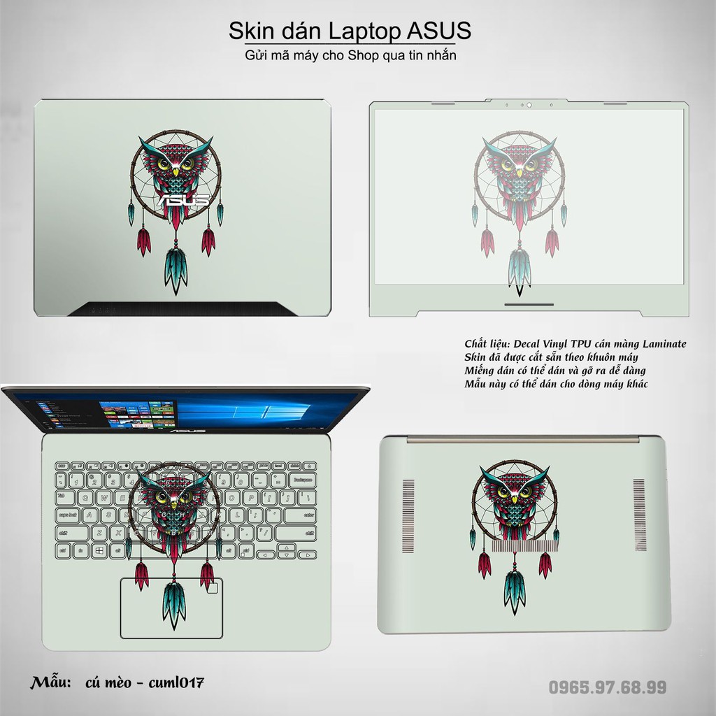 Skin dán Laptop Asus in hình Cú mèo (inbox mã máy cho Shop)