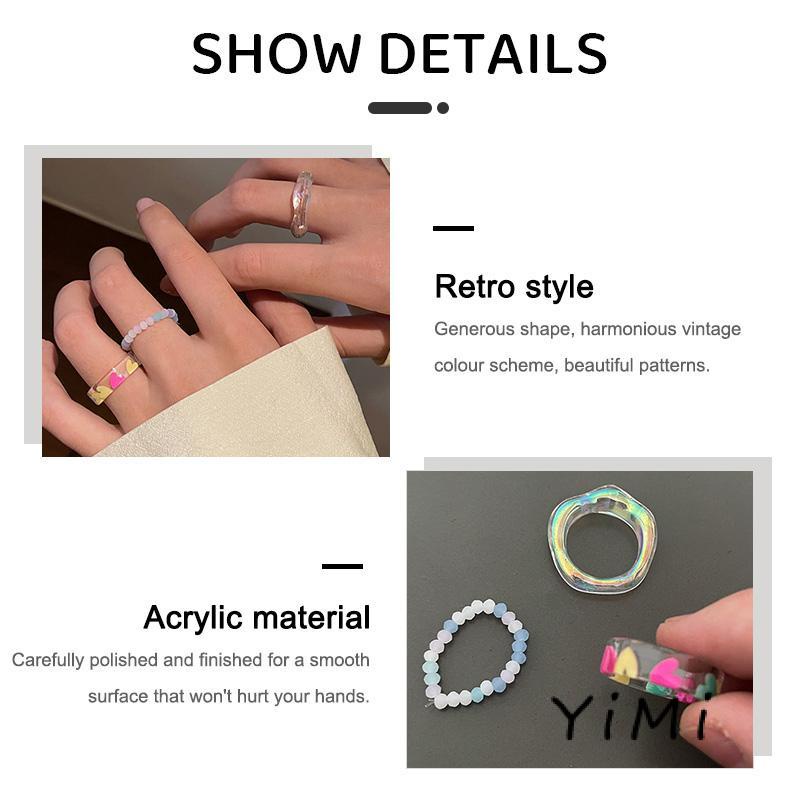 Bộ 3 Nhẫn Acrylic Trong Suốt Đính Hạt Hình Trái Tim Nhiều Màu