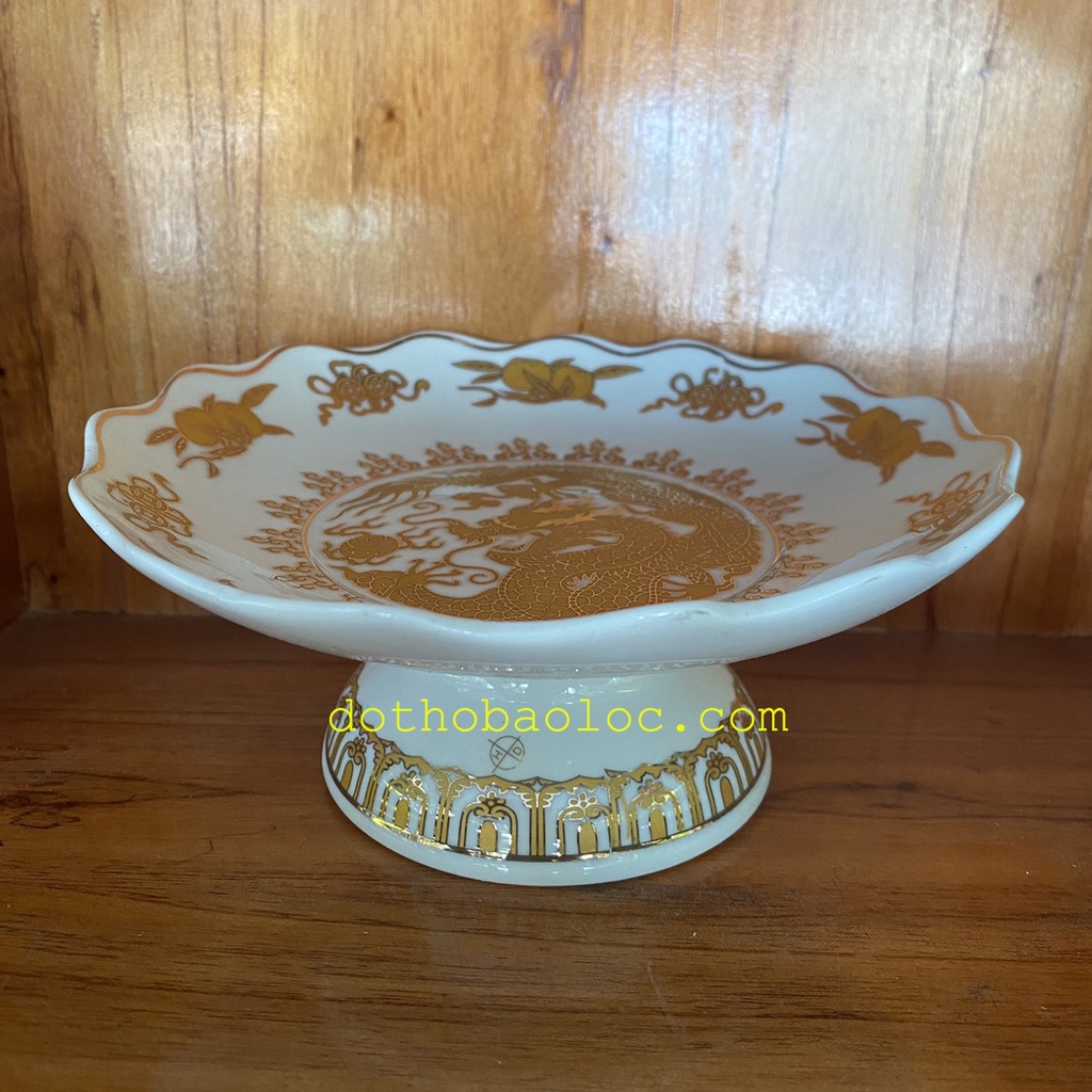 Đĩa sứ họa tiết trắng rồng vàng 4 cỡ ĐK: 15cm, 17cm, 19cm, 22cm