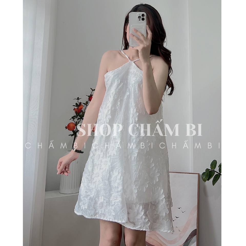 Váy kiểu Hàn Quốc V.120, Váy midi voan cổ yếm 2 lớp nơ lưng họa tiết hoa nổi tiểu thư - Thời trang nữ Chấm Bi