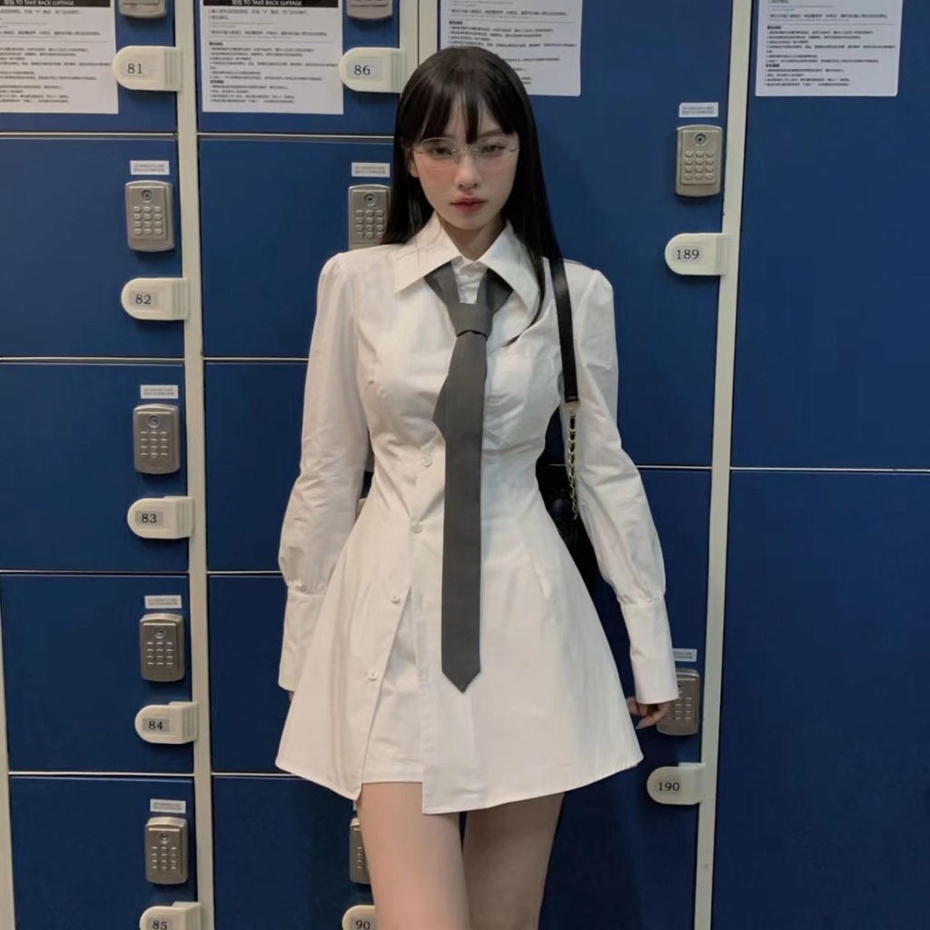 Bộ Áo Sơ Mi Dáng Ôm Phối Chân Váy Ngắn Lưng Cao Thời Trang Xuân Thu 2022 Cho Nữ