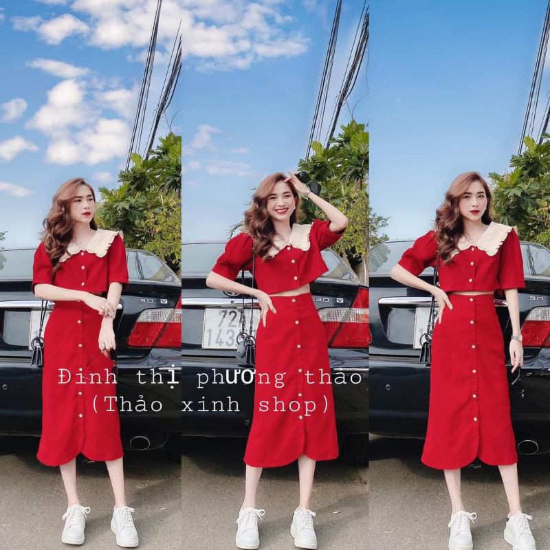 set 2 món gồm áo croptop đỏ cổ bèo kèm chân váy midi siêu xinh