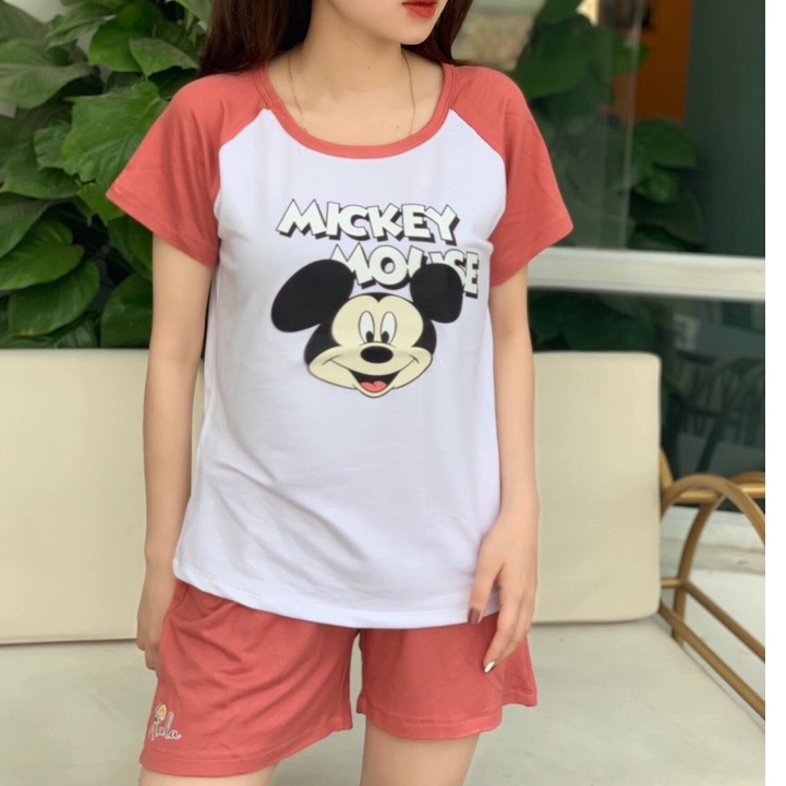Bộ Mặc nhà Nữ Set Bộ Tay Ngắn Quần Đùi Họa Tiết Mickey Sắc Nét Chất Thun Coton Mềm Dễ Thương Mặc Nhà Thoải Mái