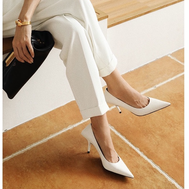 Giày Cao Gót Da Pu Màu Trắng Đen Thanh Lịch Cao Cấp Thời Trang