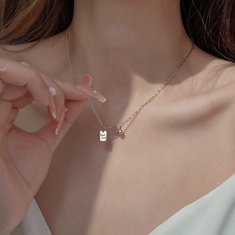 Vòng cổ Mạ Bạc Mặt Vuông Đính Hạt May Mắn