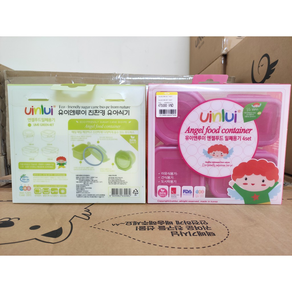 Set 4 hộp đựng đồ ăn dặm làm từ Mía - Set 4 hộp kín Angel Food UINLUI