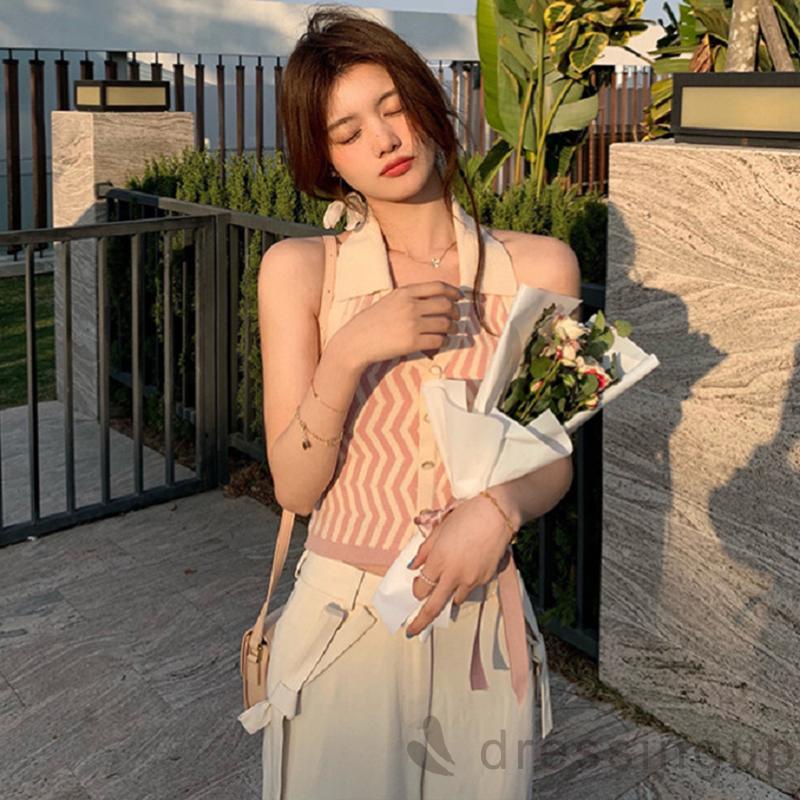 Áo Croptop Không Tay Cài Nút In Họa Tiết Kẻ Sọc Gợn Sóng Cho Nữ