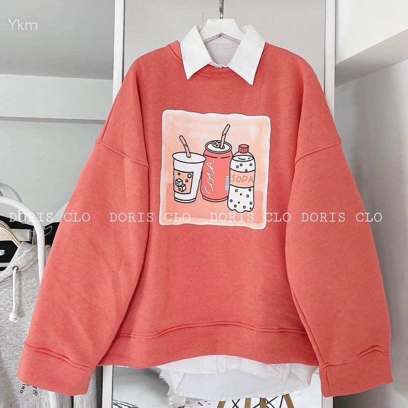 Áo sweater nỉ ngoại Coca tay phồng forn rộng