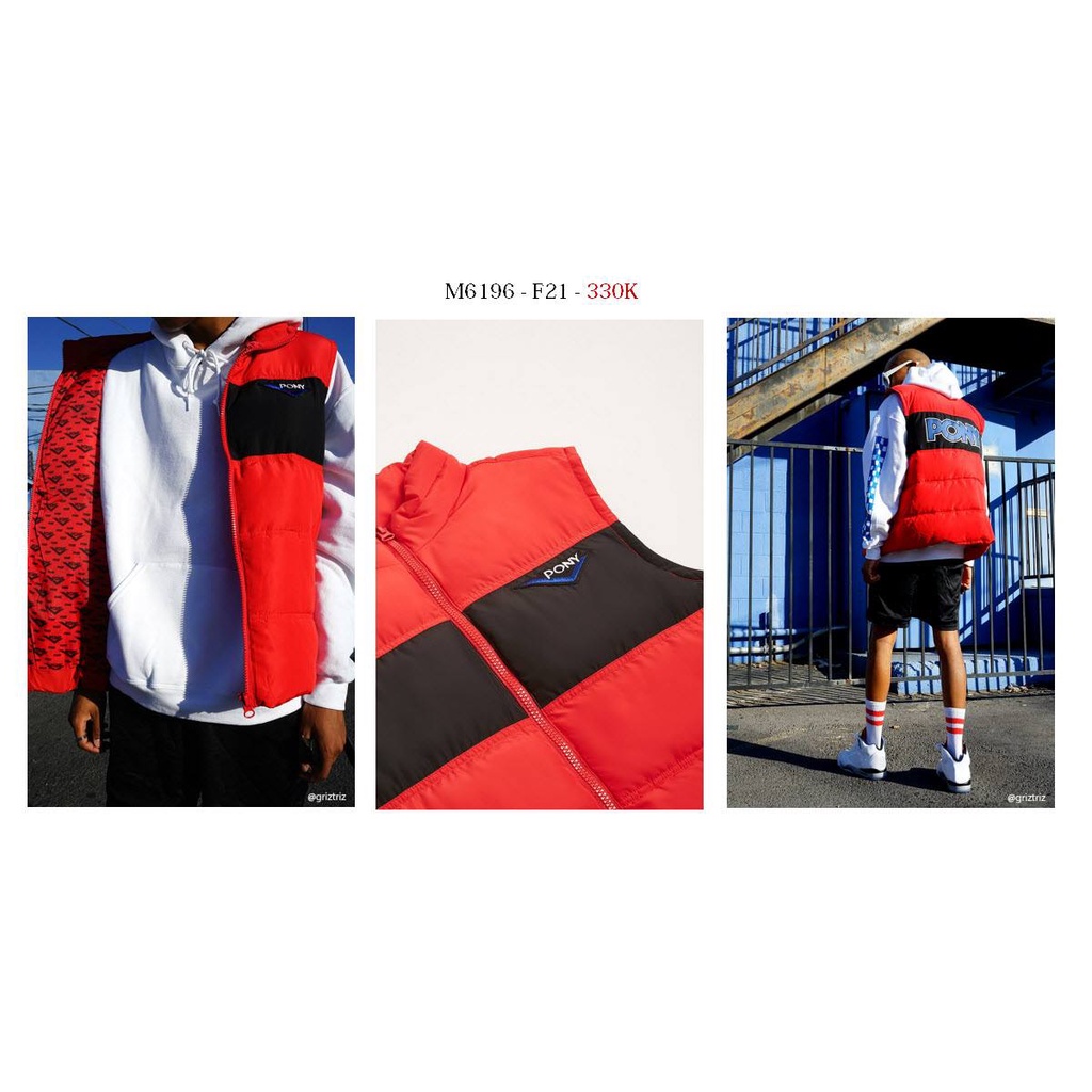 M6196 - Áo phao sát nách F21 phối màu, in chữ Pony (Pony Puffer Vest)