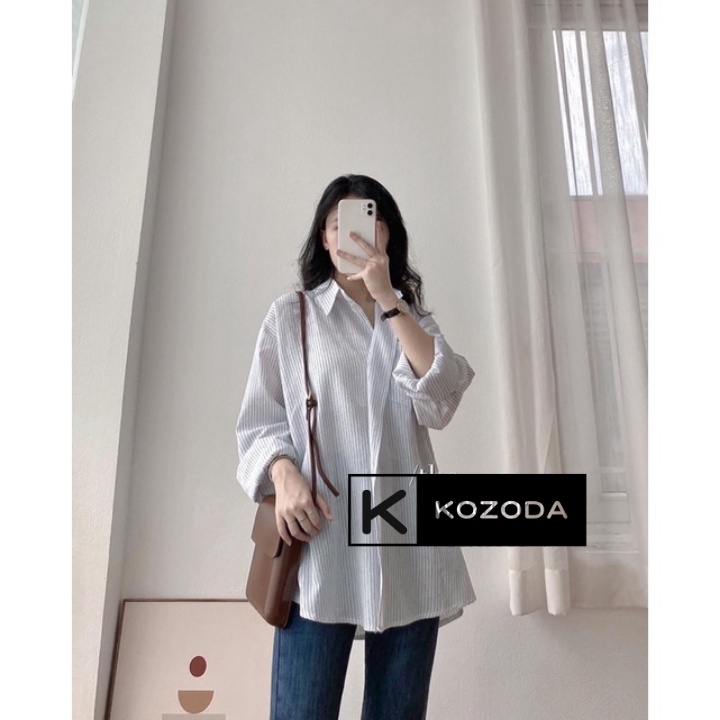 Áo sơ mi nữ form rộng kẻ cổ vest dài tay ba màu đen trắng xanh phong cách Hàn Quốc mùa thu 2021 Kozoda SM46