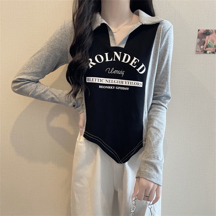 Jiashucheng Áo Thun polo Tay Dài Hở Vai Ôm Dáng Màu Sắc Tương Phản Thời Trang Thu Đông Cá Tính Cho Nữ Ir