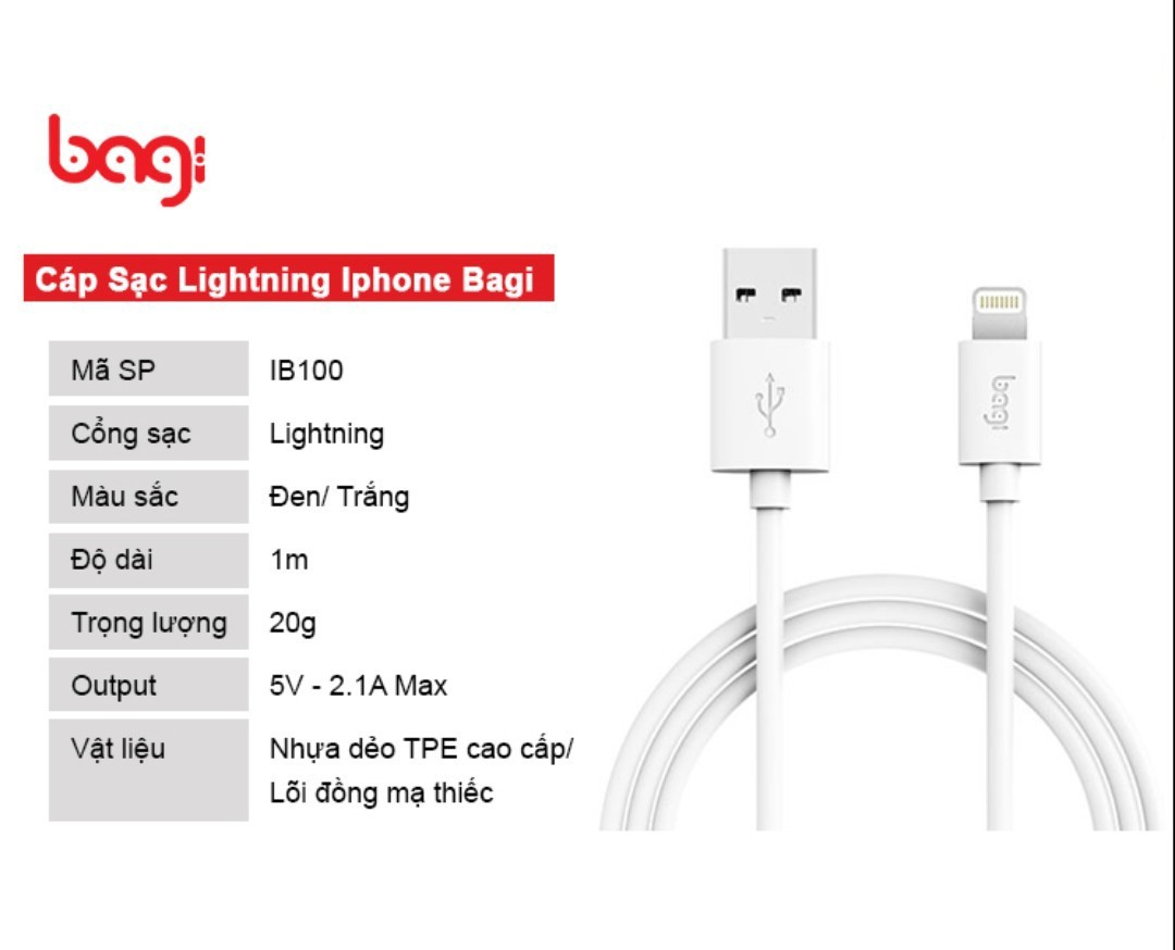 Cáp sạc Lightning Bagi dài 1m IB100 chính hãng