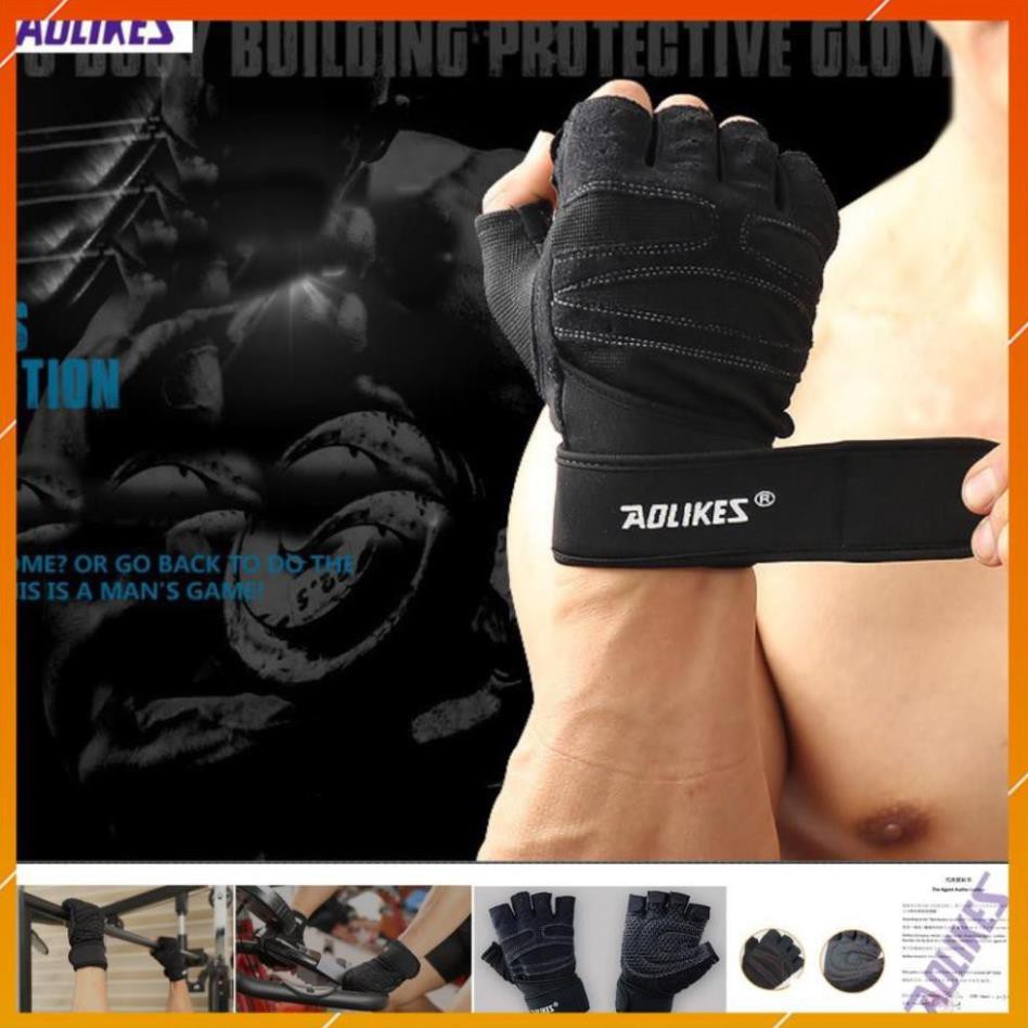 Găng tay Aolikes Hs 113 - 112  - 110 - 109 cụt hở ngón, bao tay thể thao gym có cuốn cổ tay đệm lòng bàn tay gym đẩy tạ