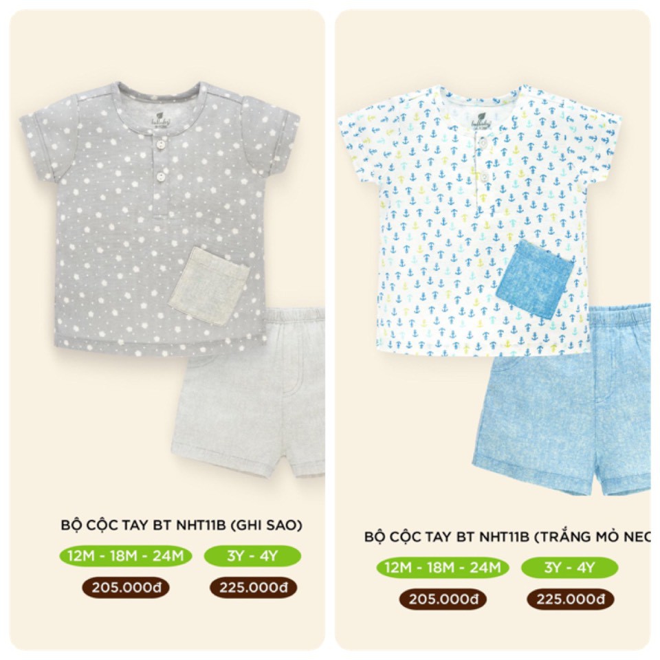 Bộ cộc tay vải xô siêu mềm bé trai Lullaby mới NHT11B