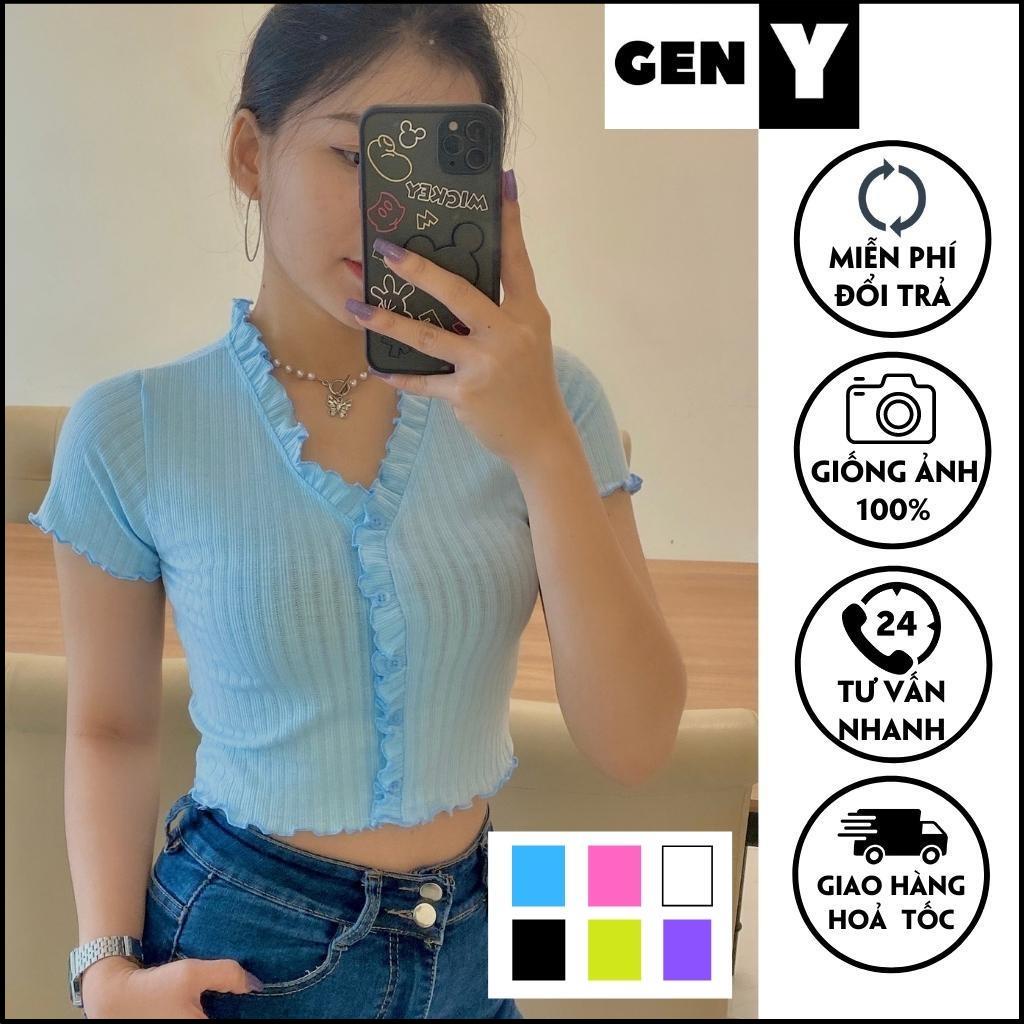 Áo Croptop Nữ Ngắn Tay Cổ chữ V GenY - Áo Kiểu Nữ Ôm Nút Giả Nhiều Màu Chất Thun Gân Mềm Mịn CR-V2