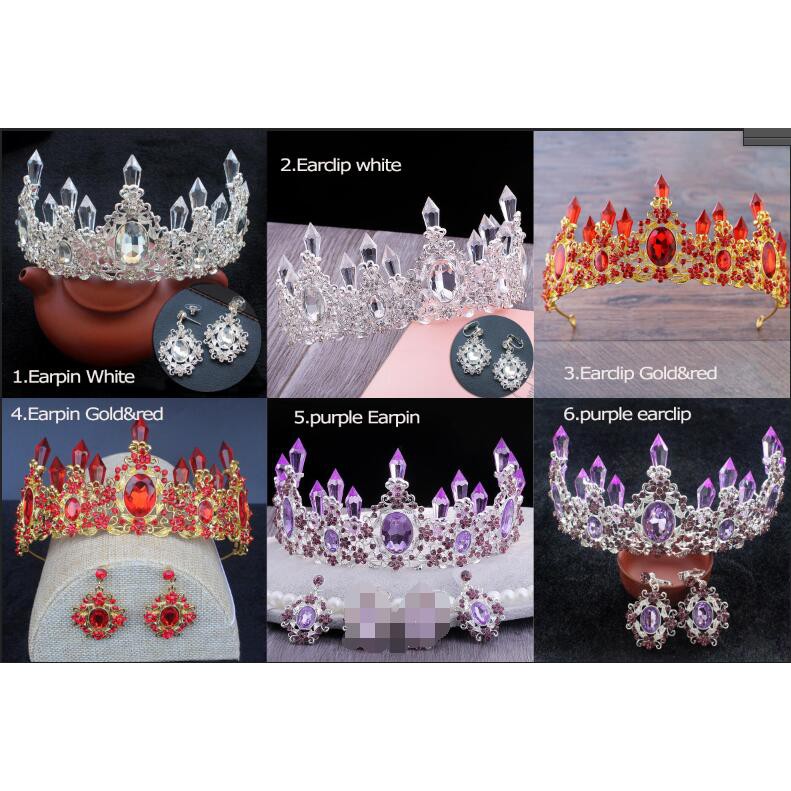 Vương miện đính đá lấp lánh + bông tai thời trang cho cô dâu