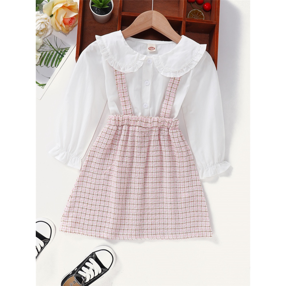 Đầm MIKRDOO tay dài cổ Peter Pan in họa tiết kẻ caro đáng yêu cho bé gái 1-6 tuổi