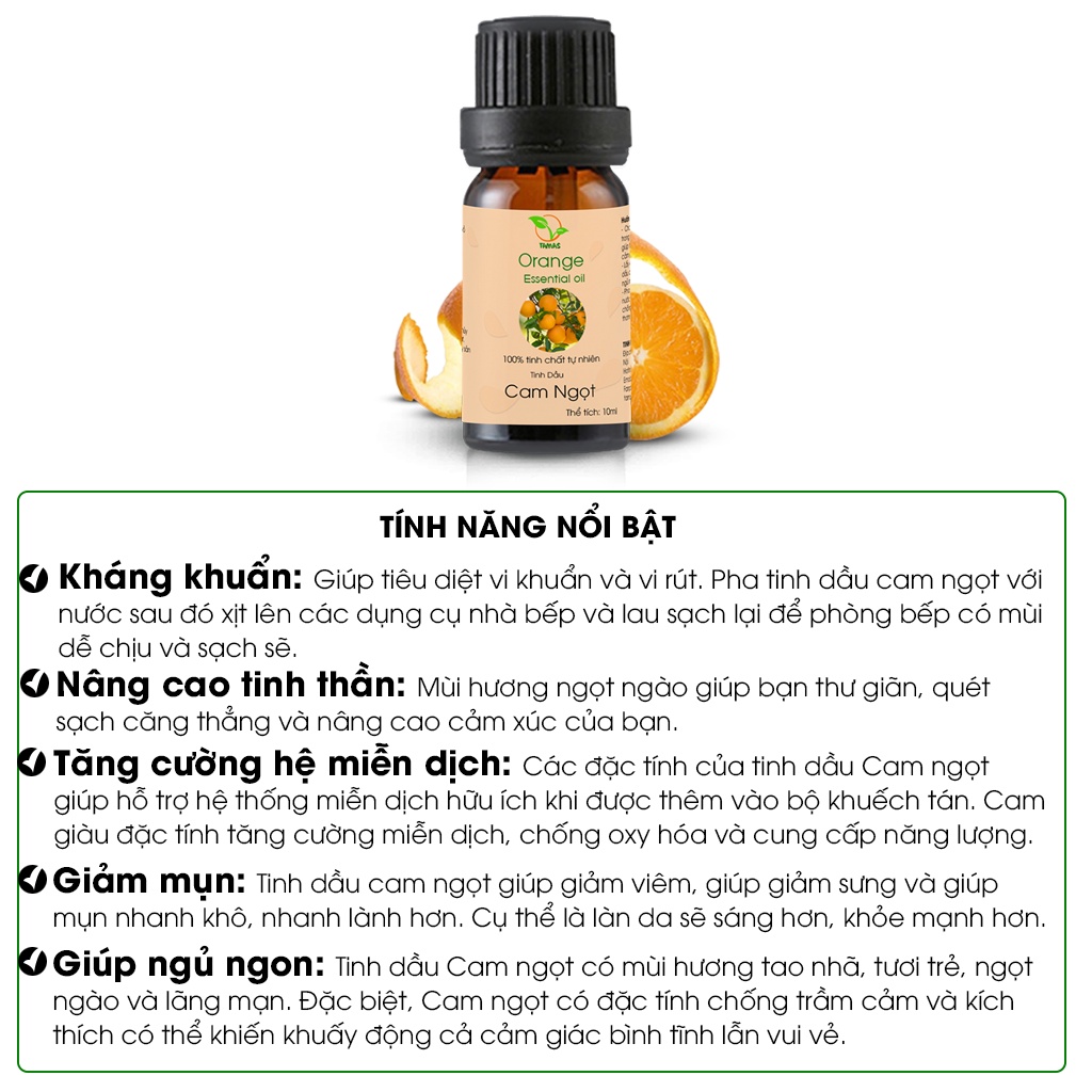 Tinh dầu Cam Ngọt nguyên chất TAMAS chai 10ml, tinh dầu xông phòng