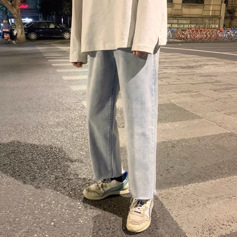 Quần bò jeans ống rộng tua rua trơn basic màu xanh nhạt retro siêu chất ❤️
