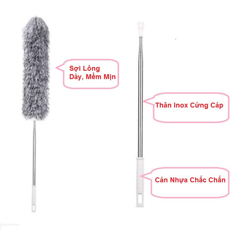 Cây Chổi Lông Quét Bụi Cao Cấp Thân Inox Có Thể Kéo Ngắn Dài Từ 88cm Đến 190cm