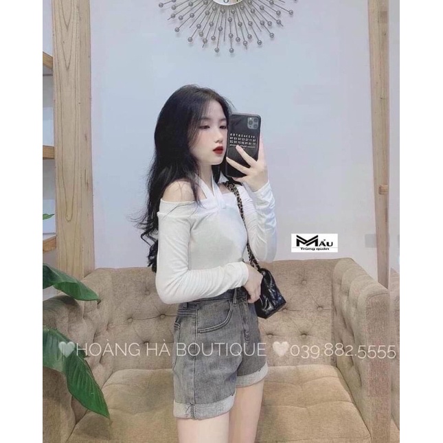 Áo thun trễ vai buộc cổ tay dài . | BigBuy360 - bigbuy360.vn