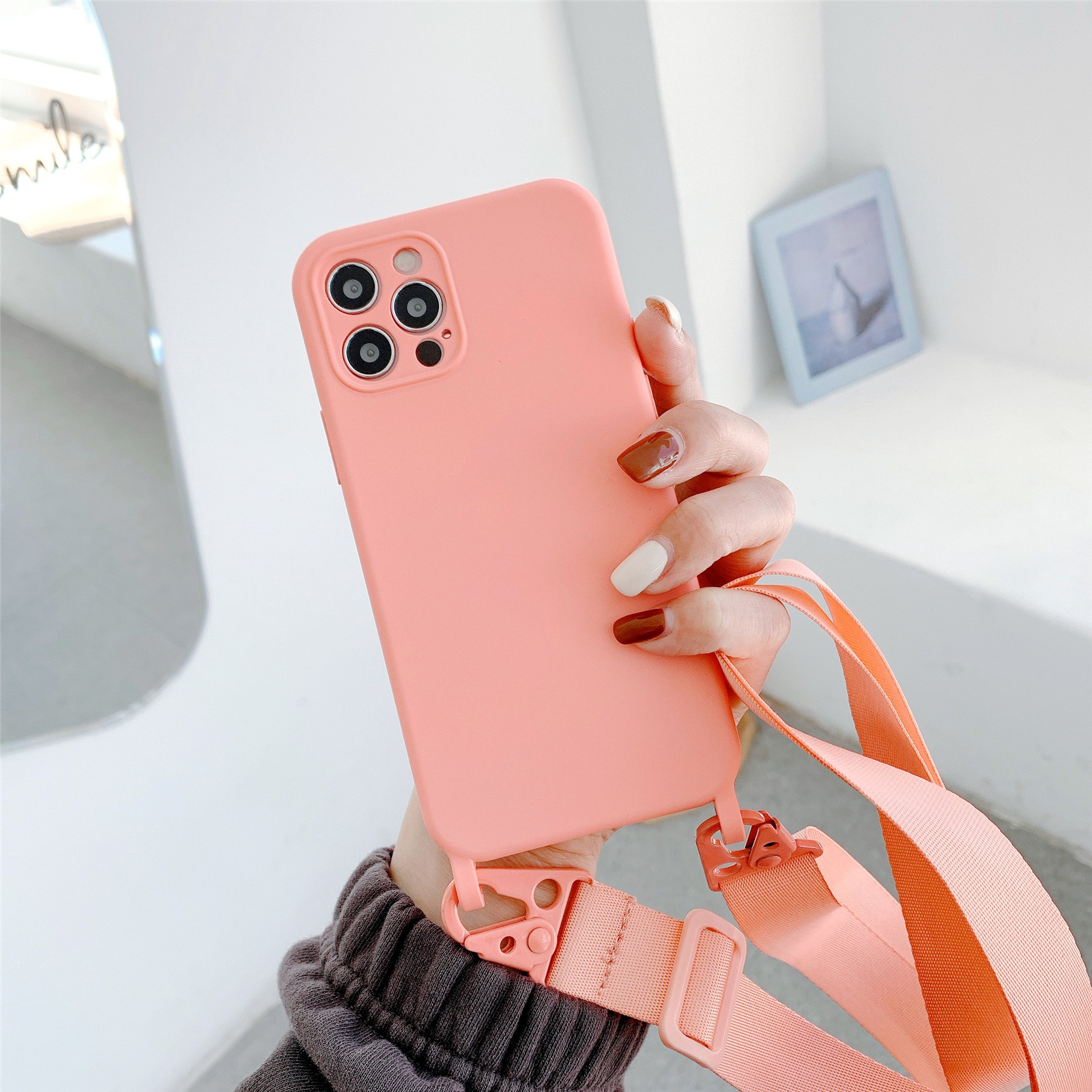 iPhone 12 Mini 11 Pro Max Plus 8 7 Plus + X Xr Xs Max Soft Silicon Case Fine hole Candy Color Phone Case Cover with Long Strap