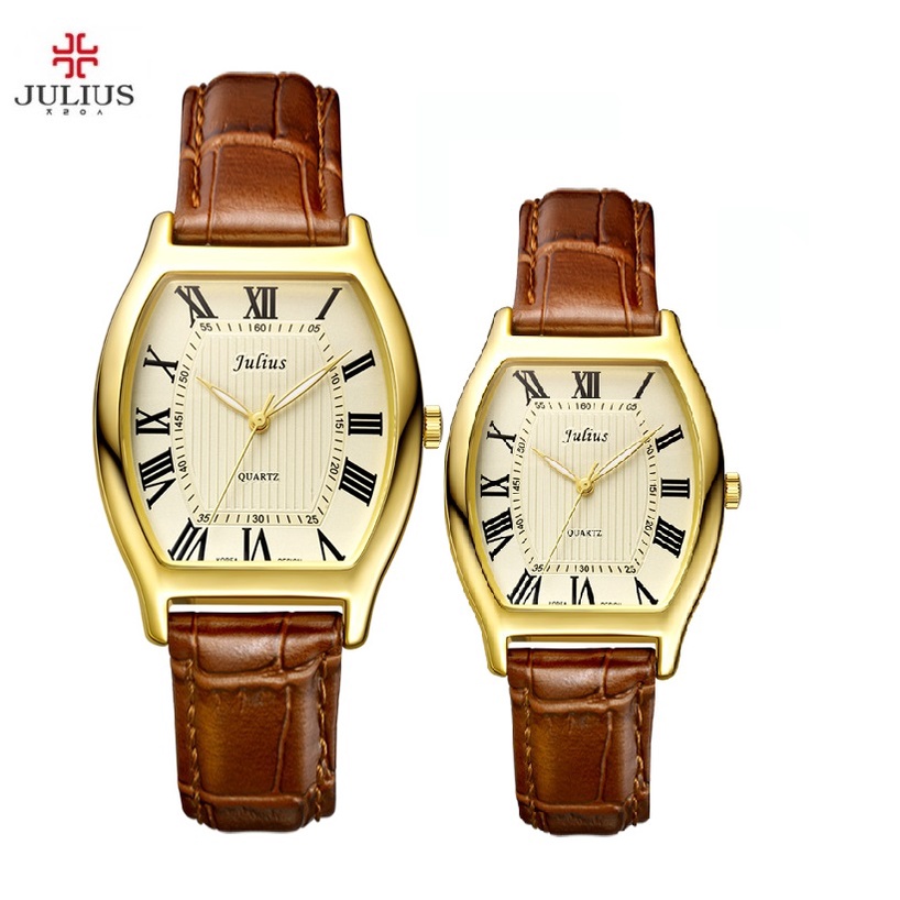 Đồng hồ đôi nam nữ Julius dây da nâu mặt Oval Ja-703 Nâu