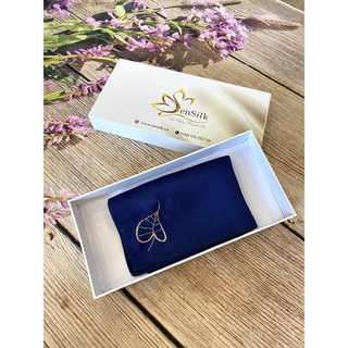 Khăn Thêu SenSilk Lá Bồ Đề - Món Quà Bình An (Lụa Tơ Tằm - Xanh Navy) 35*35cm