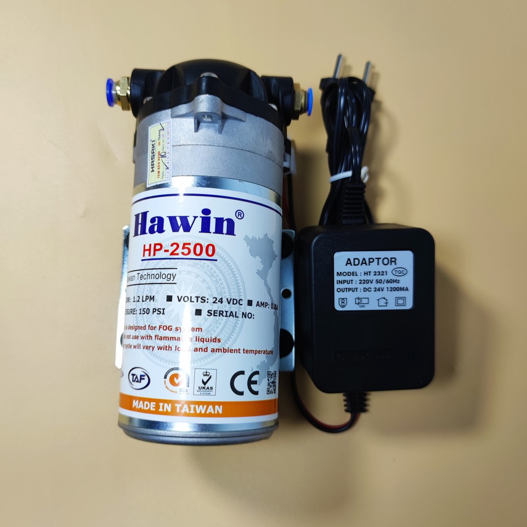 Máy bơm phun sương Hawin HP 2500 chính hãng Taiwan kèm Adapter- 1.2LPM (hỗ trợ 5 - 25 Béc)