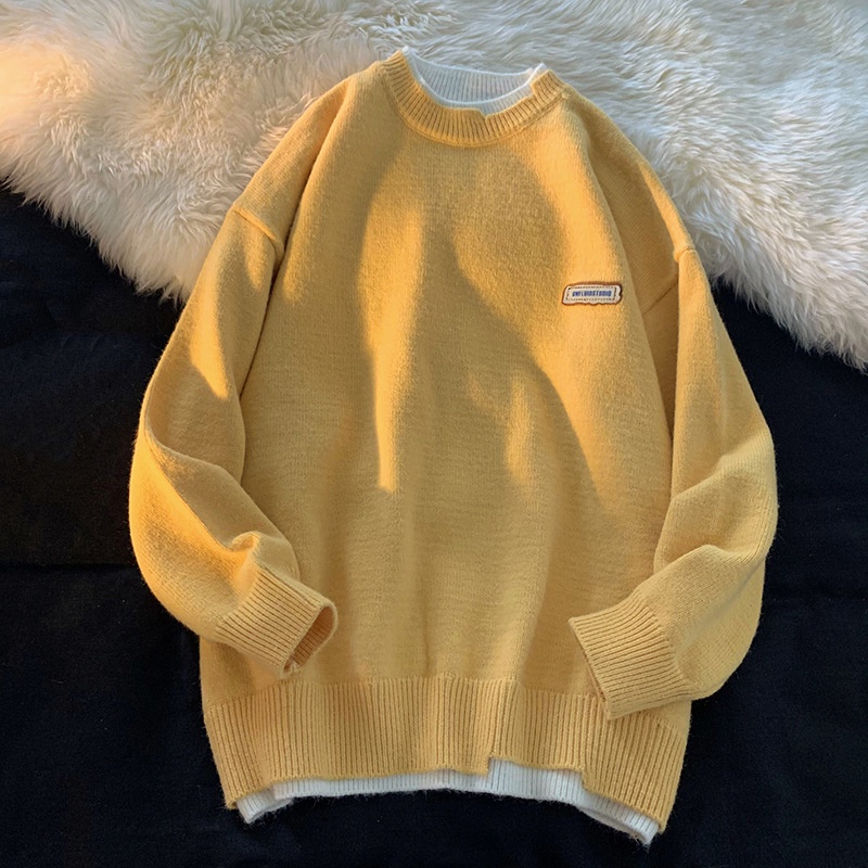 Áo Sweater Dệt Kim Cổ Tròn Giả Hai Lớp Màu Trơn Thời Trang Thu Đông Cho Nam