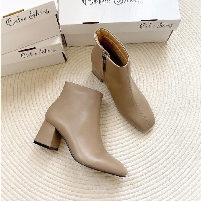 Giày boots nữ cao gót mũi vuông cổ ngắn thời trang gót vuông 5cm HK